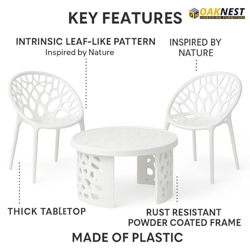 Image of Oaknest Neelkamal Crystal White Plastic Chair & Table Set | 2 Designer Chairs + 1 Center Table | Durable, Weather-Resistant, Indoor /Outdoor Use