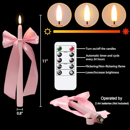 Image of Wondise Pink Flameless Taper Candles with Remote Timer, Battery Operated Real Wax Led Candle 3D Wick Flickering Flameless Candlesticks for Home Birthday Party Wedding Anniversary Decor
