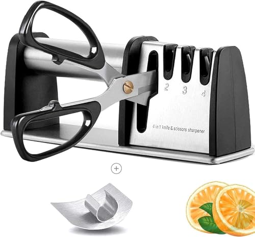 Image of BOCHION Manual Knife Sharpener, 4 in 1 Professional Knife Sharpener & Finger Guard Set, Multi-Purpose Kitchen Knives /Scissors Sharpening with Tungsten Steel /Diamond /Ceramic, Best Sharpening Tools for