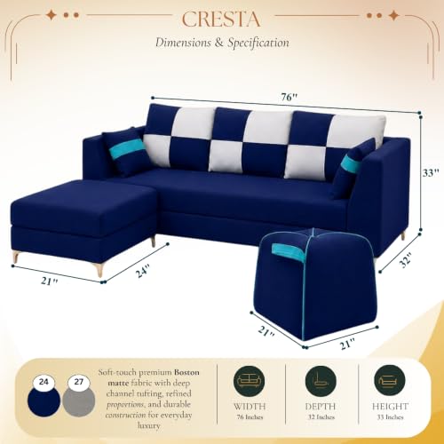 Image of FURNY Signature Cresta 5-Seater L-Shape Sofa Set with Movable Ottoman & Suri Pouf | Flexible LHS /RHS Layout | Boston Fabric | 40D Foam + Zigzag Spring | 3-Yr Warranty (Midnight Blue, Light Grey)