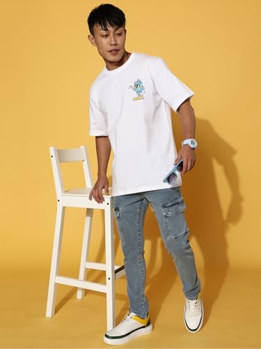 Image of Veirdo Men's Cotton Oversized Fit Oversized Baggy Fit Drop Shoulder Cool and Stylish Graphic Printed Design Half Sleeve T-Shirt (Available Sizes: S to 2XL)
