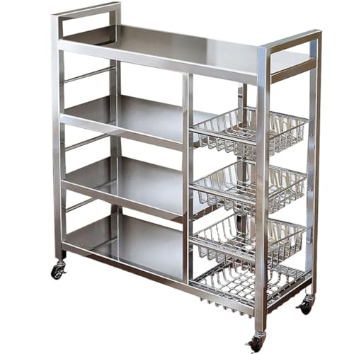 SPAHTT Estantes De Almacenamiento De Cocina Ajustables De Acero Inoxidable De 4 Niveles con Cestas De Drenaje Y Ruedas,Estante De Almacenamiento Multicapa,para Despensa,80 * 32 * 135cm