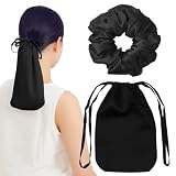 シルク ナイトキャップ シュシュ 100% ロングヘア用 シルクキャップ ヘアキャップ ロング 夏 就寝用 かぶらない 毛先だけ『乾燥・摩擦から髪を守る』保湿 美髪 ポニーキャップ (ブラック)
