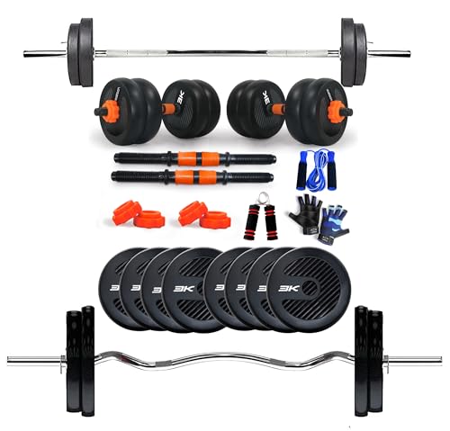 Image of WATSON Premium Home Gym Set for Men & Women, Home Gym Combo with Rubber Weight Plates, 25mm 3Ft Curl bar, 5Ft Straight Bar, Hard PVC Dumbbell Rods, Gripper, Skipping Rope & Gym Gloves (24 KG Combo)