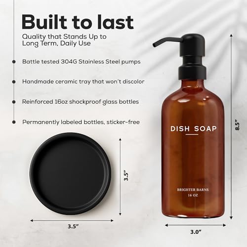 Amber Glass Dish Soap Dispenser for Kitchen Sink by Brighter Barns - Kitchen Soap Dispenser Set with Pump & Tray - Refillable Glass Bottle for Liquid - Modern Home Decor for Airbnb, Restaurant (Amber) by Brighter Barns - Used condition - Image 2
