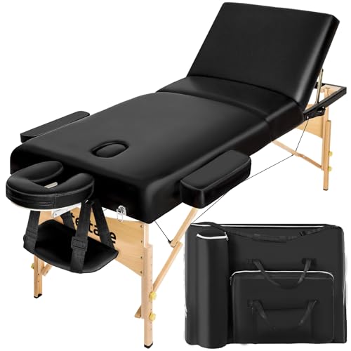 tectake® höhenverstellbare Massageliege klappbar mit 3 Zonen, Massagetisch, 10 cm Polsterung, Mobile Massageliege, Kopf-und Armstütze, Massagebank mit Holzfüßen, Zubehör Tragetasche - schwarz