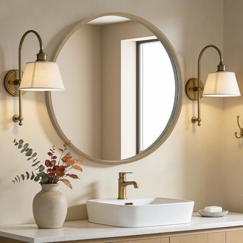 Image of WallBeyond Round Wood Mirror, 36 inch Round Modern Decoration Large Circle Wall Mirror for Bathroom Living Room Bedroom Entryway, Honey