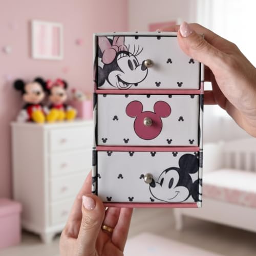 ARDITEX, Minnie Maus Schmuckkästchen Mädchen, Dekobox aus Karton Mit 3 Schubladen, Perfekt für Jungen, Aufbewahrung von Schmuck, Fotos und Bastelarbeiten, Näharbeiten, 9.5X7X15 Cm