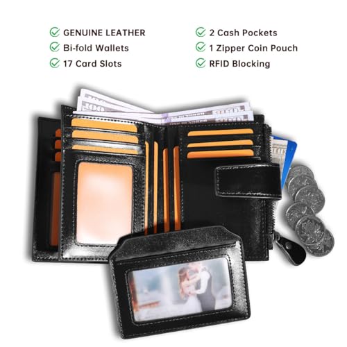 Men's Genuine Leather Wallets with Zipper Coin Pocket, RFID Blocking Short Vintage Bifold Wallet Large Capacity Multi Credit Card Slots ID Windows Gifts for Him2