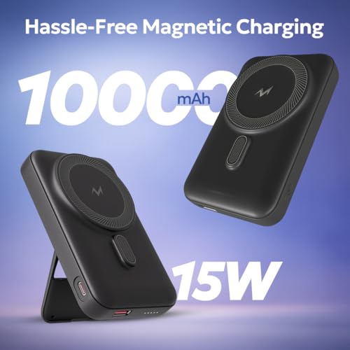Image of Tempt Flair 10000mAh MagSafe Power Bank with 22.5W Fast Charging, Black | Built-in Kickstand, 4-LED Indicator, Dual Output Ports, 15W Wireless Support, Smart Safety Protection, Travel-Friendly Design