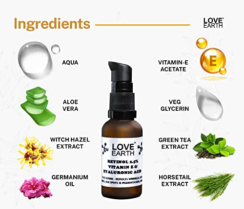Image of Love Earth Retinol Serum For Reducing Wrinkles, Fine Lines & Pigmentation With Vitamin E & Hyaluronic Acid For All Skin Types 30ml