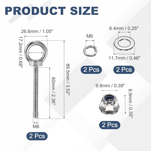 Image of PATIKIL M6 x 60mm Shoulder Eye Bolt, 2 Pcs 304 Stainless Steel Lifting Ring Threaded Eye Bolt with Flange Lock Nuts Spring and Flat Washers for Hanging Tie Down Straps Outdoor Indoor