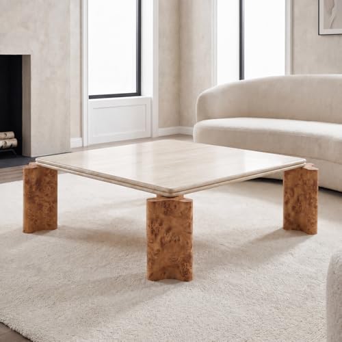 Image of Hyfirm Large Travertine Pattern Coffee Table, Natural Wood Leg Center Desk