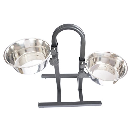 Iconic Pet Adjustable U-Design Double Diner - Anti-Skid Rubber Base Noise Free Stable Dog Food Stand With 5 Quart/ 160 Oz Stainless Steel Elevated Dog Food Bowls For Proper Growth & Digestion #TOP1