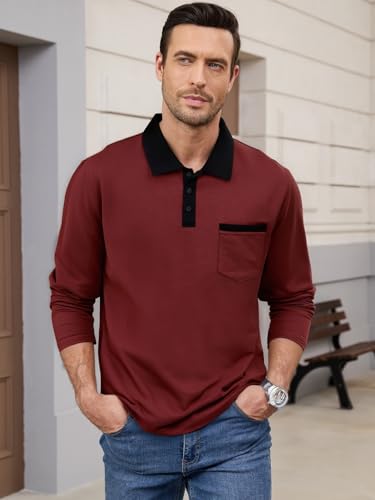 Camisetas Polo informales para hombre de manga larga, camisa clásica con botones y bolsillo, de algodón miniatura 3