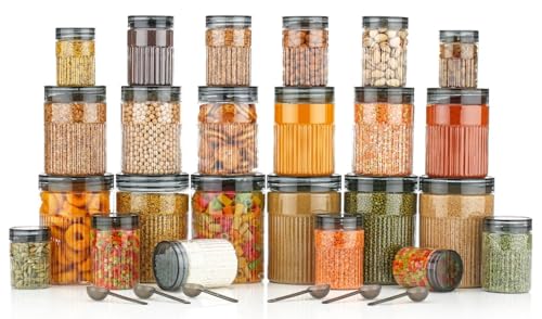 Image of pet Food Storage Containers Set with Airtight Lids, Kitchen Organisation Jars for Pasta, Spices, Dry Goods, Stackable (24 Pcs BLACK)