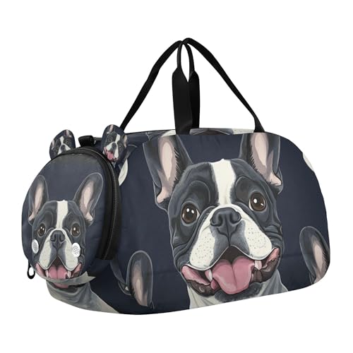 Glaphy Cute French Bulldog Black Duffle Bag for Toddler Boys Girls, Gym Sports Bag with Shoe Compartments, Kids Travel Overnight Weekender Shoulder Bag