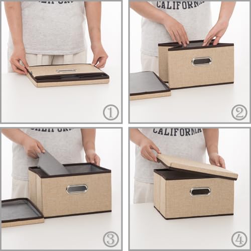 Image of PRANDOM Storage Bins with Lids [3-Pack] Jute Fabric Foldable Storage Boxes Organizer Containers Baskets Cube with Cover for Home Bedroom Closet Office Nursery khaki（11.4X8.6X6.7