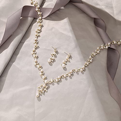 Image of White Faux Pearl Leaf Vine Bridal Cubic Zirconia Jewelry Set for Women | Wedding Party Necklace Earrings for Bridesmaid Bride
