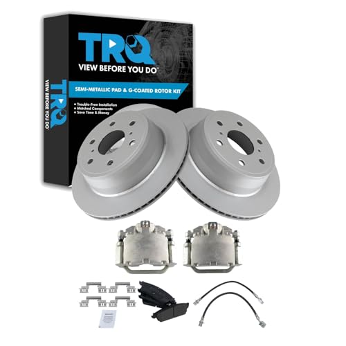 Image of TRQ Rear Brake Pad and Rotor Set Semi Metallic Coated Rotors Calipers Compatible with 2007-2013 Chevrolet Silverado 1500 GMC Sierra 1500