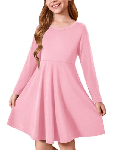 Haloumoning Mädchen Kleid Rundhals Langarm Kleider Kinder Einfarbig A-Linie Freizeitkleid Herbst Winter Basic Midikleid 5-14 Jahre, Rosa, 7-8 Jahre