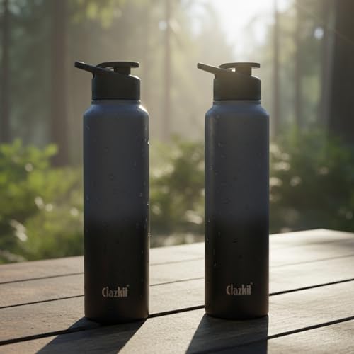 Clazkit Dual Colored Stainless Steel Water Bottle |ISI Certified Leakproof,Durable for School Kids, Fridge, Sports, Gym, Yoga & Office – Easy to Clean & Reusable-1000ml - Set of 2 -Black