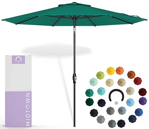 Midtown Umbrellas The Swilt 9 Feet Patio Umbrella in Sunbrella Canvas Teal Acrylic Fabric Fiberglass Ribs Auto Tilt Aluminum Frame For Backyard Deck Garden Pool Black Pole