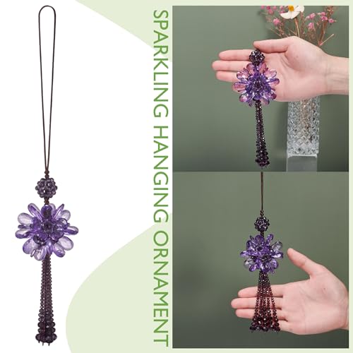 Image of Crystal Flower Ball Car Pendant Lucky Car Mirror Hanging Ornament Crystal Suncatcher Hanging Charm Auto Interior Decoration, Purple