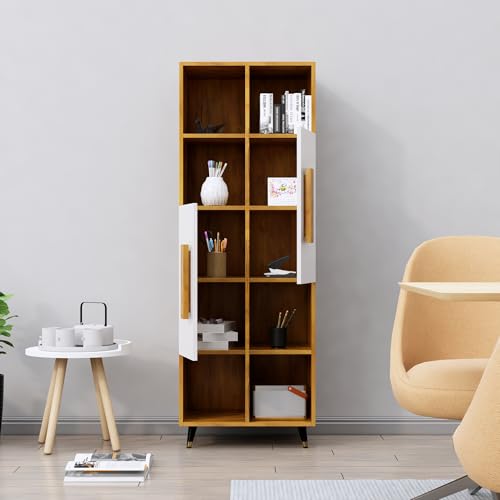 Image of Bniture Bookshelf for Home | Engineered Wood Book Shelf with 2 Door & 6 Shelf | Open Book Shelf Stand for Library | Multipurpose Display Organizer for Living Room & Study | Giant Wood & Frosty White