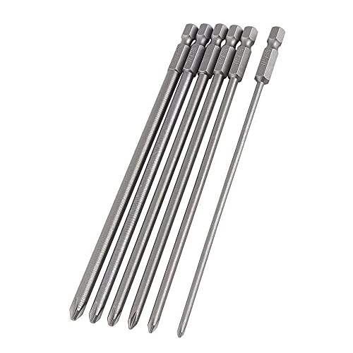6Pcs Long Phillips Screwdriver Bits Set – 150mm Magnetic No-Slip Phillips Bits, 1/4" Hex Shank S2 Steel Cross Head Screwdriver Bit Set (PH1 PH2)