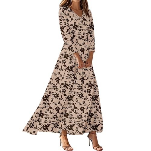 Generisch Herbstkleid Damen Boho Kleid V-Ausschnitt Maxikleid 3/4 Ärmel Blumenkleid Lang Elegante Tunika Kleider Damen Herbst Schickes Lockeres...