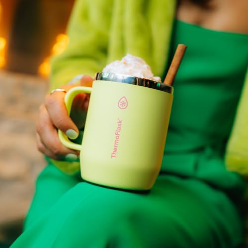 Image of ThermoFlask Drinkware 12 oz Coffee Mug - Double-Wall Insulated for Hot & Cold Drinks - Lightweight & Simple with Innovative Press In Slider Lid - Modern & Durable - Unmellow Yellow