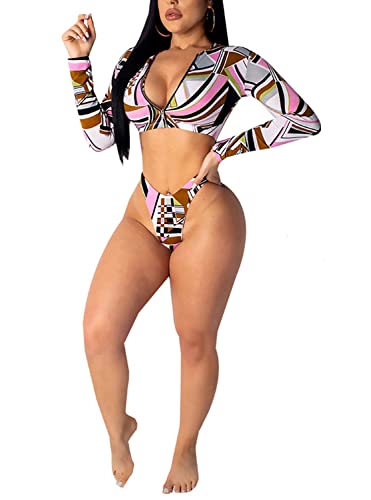 SIAEAMRG Long Sleeve Swimsuit for Women, 2 Pieces Sexy High Waisted Triangle Bikini Bathing Suits, 3D Print Tankini Swimwear