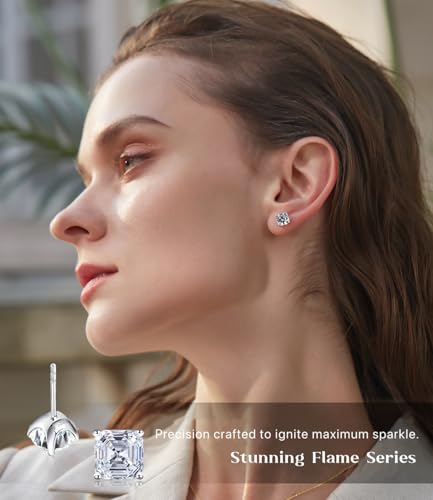 "STUNNING FLAME "18K Gold Plated Sterling Silver Asscher Cut Cubic Zirconia Stud Earrings for Women2