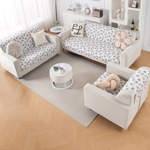 Image of HOKIPO Abstract Petals Quilted Sofa Cover 6 Seater with Tassels Set - Washable 3+2+1 Sofa Panel for Seat & Back | 'Tassel Twigs' Series (IN-991-T10+ IN-990-T10 + IN-989-T10)