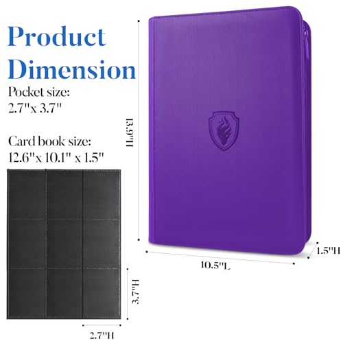 Image of Premium Zip Card Binder, Fabmaker 9 Pocket Trading Card Binder, PU Cover Zipper Card Collection Album, Sturdy 360 Side-Loading Card Folder Holder for Game & Sports Cards, Purple