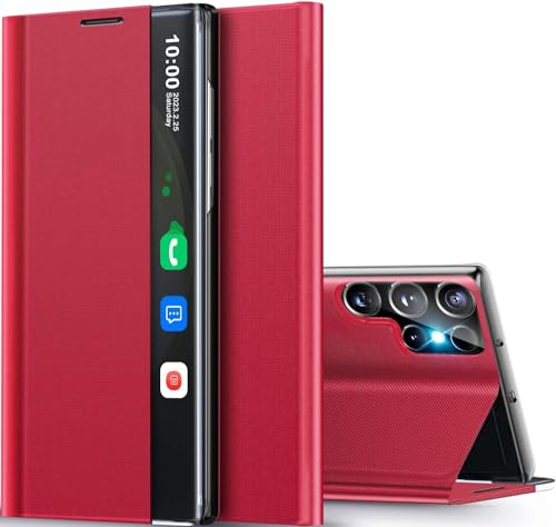for Samsung Galaxy S23 Ultra Case View Clear Smart Window, with Kickstand for Samsung S23 Ultra Case Luxury Flip Slim Mirror Hard PC Leather View Clear Smart Window for Samsung Galaxy S23 Ultra Cover
