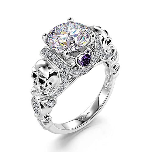 Image of Jeulia 2.55ct Skull Engagement Ring Sets Sterling Silver Heart Cut Red Diamond Ruby Rings Cubic Zirconia Wedding Promise Anniversary Romantic Jewelry for Women Grils Bridal with Gift Box