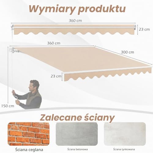 COSTWAY Markiza z korbą, markiza z ramieniem przegubowym, ochrona przed słońcem, markiza balkonowa, markiza przeciwsłoneczna, regulowany kąt 5-35°, markiza tarasowa, markiza zaciskowa na balkon i