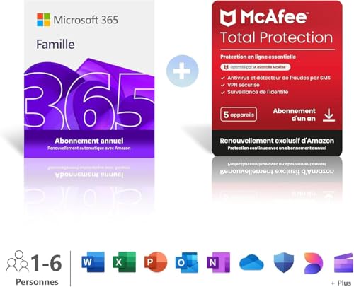 Microsoft 365 Famille | 6 utilisateurs | 12 Mois | Applications Office et stockage cloud | Renouvellement 129,99€ + McAfee Total Protection | Renouvellement...