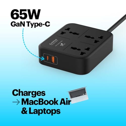 Image of Stuffcool ChargeCube 65 Mini Extension Board with 65W GaN Fast Charging, 3 Universal AC Sockets & Dual USB Ports, Charges Laptops, iPhones, Pixels 50% in 30 mins, Supports Samsung SFC 2.0