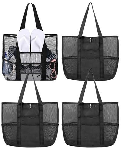 Sweetude 4 Pcs Mesh Beach Bag with Pockets Lightweight Travel Pool Bag Swim Beach Tote for Women Towel Vacation Essentials