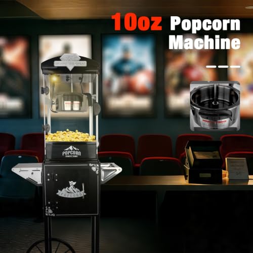 Image of Popcorn Machine with Cart, 10 Oz Kettle Makes Up to 3.5 Gallons, Vintage Popcorn Maker with Storage Cabinet & Scoop, Movie Theater Style Popper for Party, Black