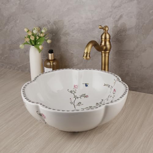 White-Bathroom-Flower-Vessel-Sink-With-Antique-Brass-Faucet-And-Drain-Round-Ceramic-Vessel-Sink-Basin-Bowl-Floral-Bird-Vessel-Sink-White-Bathroom-Sink-Above-Counter-Bowl-Sinks-For-Bathroom White Bathroom Flower Vessel Sink With Antique Brass Faucet And Drain Round Ceramic Vessel Sink Basin Bowl Floral Bird Vessel Sink White Bathroom Sink Above Counter Bowl Sinks For Bathroom