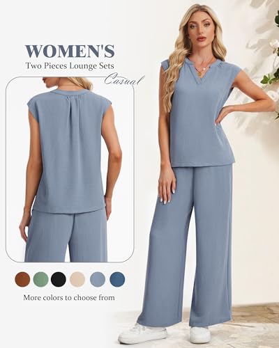 IEEILULU Two Piece Sets for Women V Neck Sleeveless Tank Tops and Wide Leg Pants Sets Vacation Outfits (Blue-Gray, M) - image 5