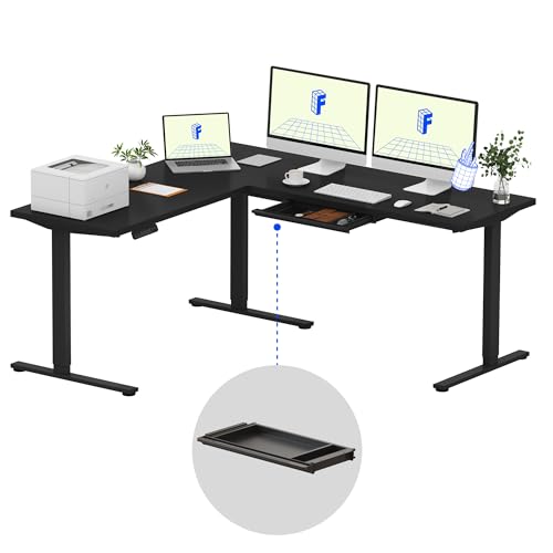 Image of FLEXISPOT L Shaped Standing Desk, 71 x 63 Inch Electric Height Adjustable Corner Desk, Sit Stand Computer Workstation, Preset Controller, Home Office, Black Frame with Black Top, Black Drawer