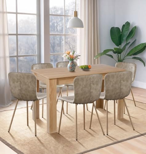 Hallowood Furniture Newquay Oak Dining Table and Chairs Set 6, 120cm Fixed Top Kitchen Table and Chairs in Taupe Faux Leather and Oak Effect Metal Legs, Dining Room Sets for Home and Café