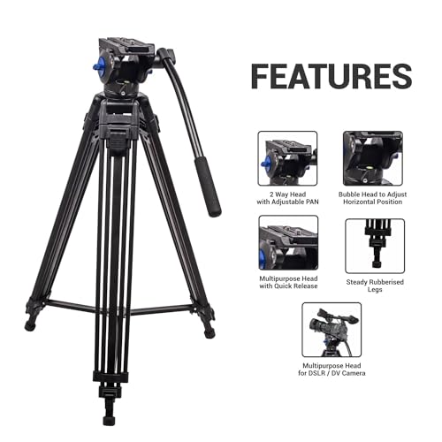 Image of DIGITEK (DPTR 601 VD) 160CM Professional Heavy Duty Tripod with 2-Way Pan Head & Rubberized Leg, 15kg Max Load, Lightweight 3.1kg, 3-Section Adjustment, Idea for DSLR, Digital Video Cameras