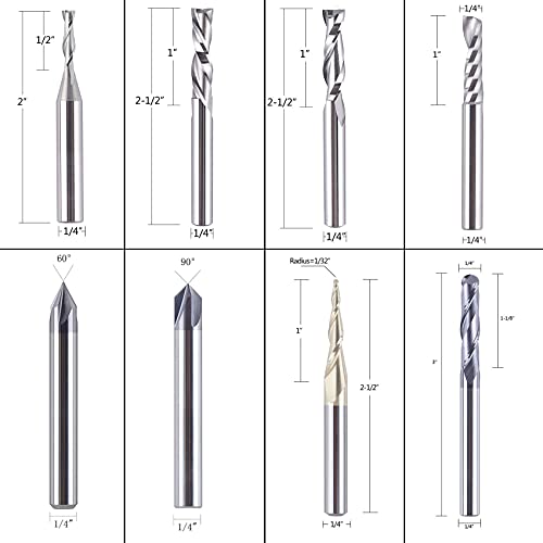 Spetool Cnc Router Bits Carving 8 Pcs Set For Wood Detail Profile V Groove Engraving Solid Carbide 1/4 Inch Shank #TOP1