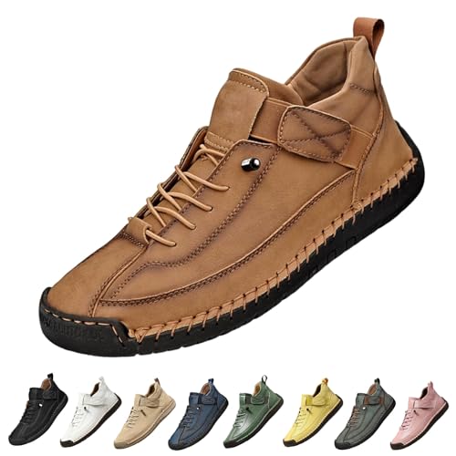Men's Hand Stitching Leather Boots Fashionable Soft Soles Comfortable Shoes,Casual Slip-On Non-Slip Retro Walking Loafers Flat Shoes,Lightweight Leather Flat Ankle Boots with Adjustable Elastic Band4